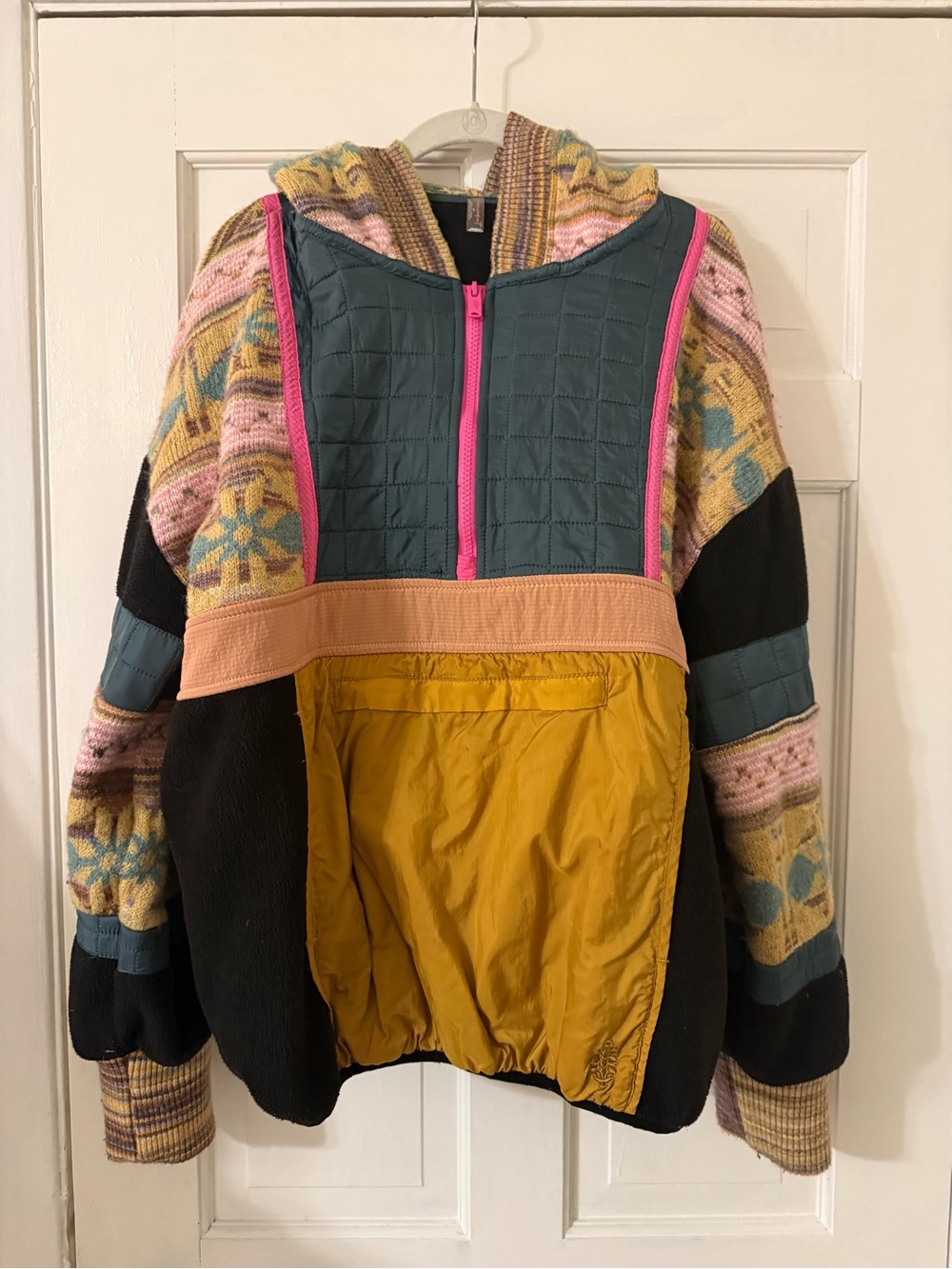 FP Movement Sweater, Fleece Hooded Pullover Jacket - Teal, Mustard, Pink & Black